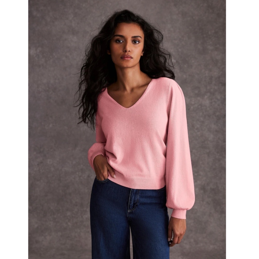 Mint Velvet Puff Sleeve V-Neck Pullover Knit Sweater Minimalist Pink Medium